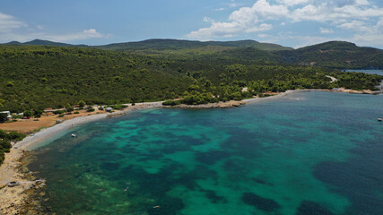 Aerial drone photo of famous sandy beach of Kyra Panagia in island of Skiros, Sporades, Greece