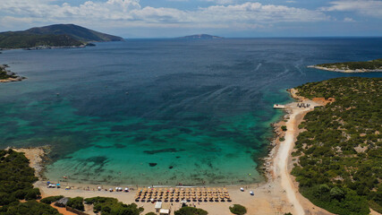Fototapeta na wymiar Aerial drone photo of famous sandy beach of Kyra Panagia in island of Skiros, Sporades, Greece