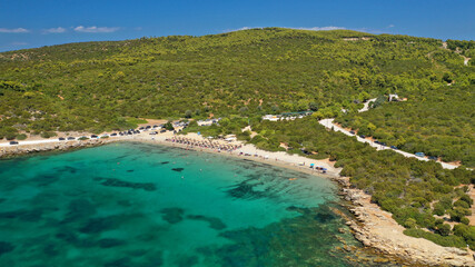Aerial drone photo of famous sandy beach of Kyra Panagia in island of Skiros, Sporades, Greece