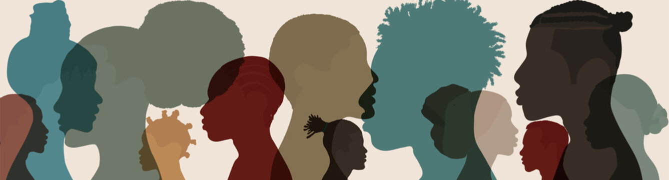 Silhouette face head in profile ethnic group of black African and African American men and women. Identity concept - racial equality and justice. Racial discrimination. Racism
