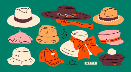 Set of various Hats for different seasons. Different colors and styles. Elegant broad brimmed hat, fedora, panama, gaucho, cap, beret. Fashion headwear concept. Hand drawn trendy Vector illustration - obrazy, fototapety, plakaty