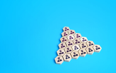 Company employees in pyramid order formation. Social organizations, commercial structure. Team organization, joining forces. Business management. Unity. Teamwork cooperation. Discipline in hierarchy.