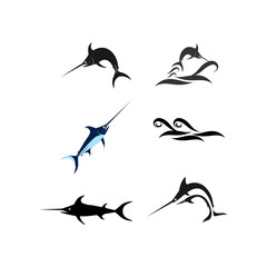 Sailfish fish on white. Striped big marlin. Sports fishing in the open sea. Realistic isolated illustration. Striped marlin on white, fish sword. Black silhouette of a large set of fish.