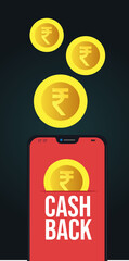 cash back concept. smart phone with Indian rupee coin vector illustration. 