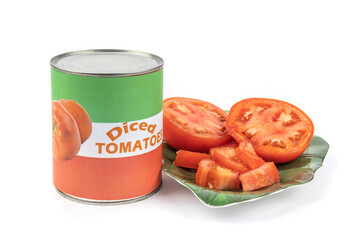 A fake generic labelled food can of diced tomatoes with sliced raw tomatoes isolated on white
