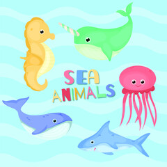 cute sea animals set