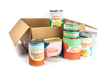 A grocery store checkout cardboard box filled with a variety of fake generic labelled food cans isolated on white