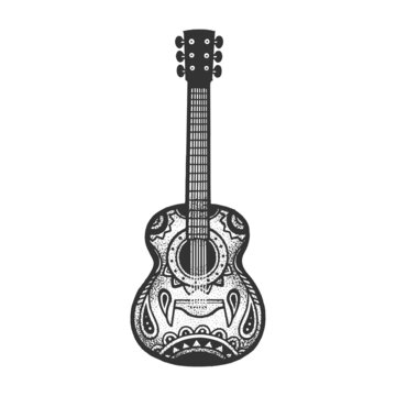 Mexican guitar with ornament sketch engraving vector illustration. T-shirt apparel print design. Scratch board imitation. Black and white hand drawn image.