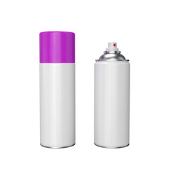 Purple spray can with paint, open and closed lid. on a white background, 3d render