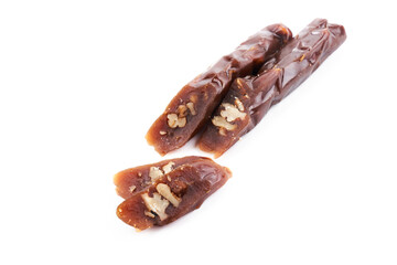 Churchkhela, traditional Georgian dessert made from fruit juice and nuts isolated on white background, clipping path