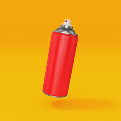 Red paint spray can with open lid on yellow background, 3d render