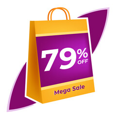 79 percent off. 3D Yellow shopping bag concept in white background.