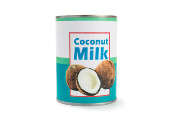A fake generic labelled food can of coconut milk isolated on white
