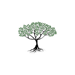 Trees and root with green leaves look beautiful and refreshing. Tree and roots LOGO style.