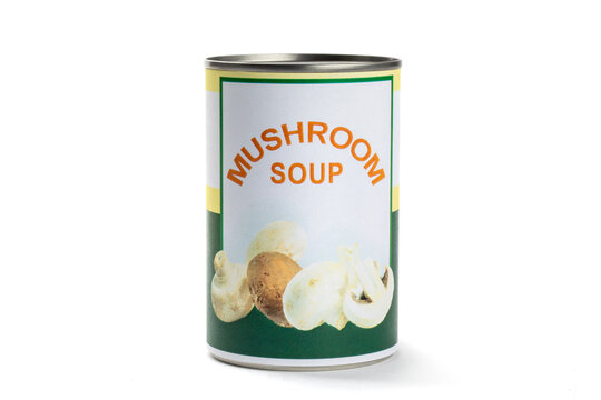 A fake generic labelled food can of mushroom soup isolated on white
