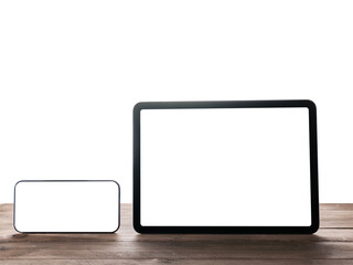 Digital tablet and smartphone on table with isolated background