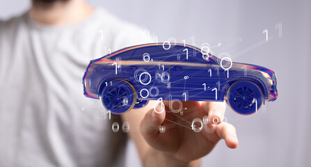 Hologram auto, futuristic polygonal model auto.