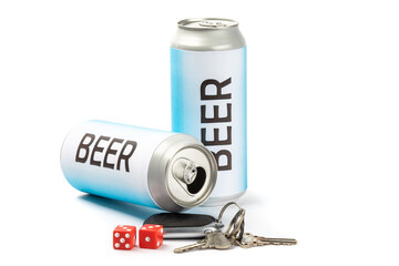 A set of car keys and red dice with  fake generic labelled tall beer cans suggesting the gamble of drinking and driving isolated on white
