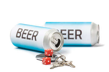 A set of car keys and red dice with  fake generic labelled tall beer cans suggesting the gamble of drinking and driving isolated on white