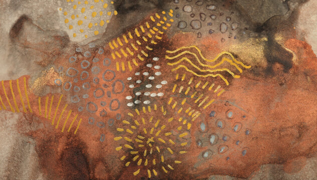 Gold and bronze grunge wall with doodle pen elements . Abstract painting blots background. Alcohol ink colors. Marble rust texture.