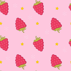 Seamless pattern with raspberries, stars and dots. Cute pattern for decoration design, backgrounds, stationery, fashion, wrapping paper, textile, scrapbooking and web design. Vector illustration.