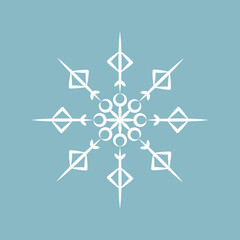 Simple white snowflake isolated on blue background. Celebration decor. Vector illustration.