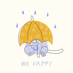 Cute cat under an umbrella, be happy. Hand draw doodle illustration