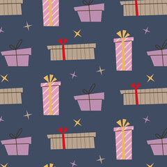Hand drawn Christmas pattern with boxes of gifts. New Year. Doodle illustration