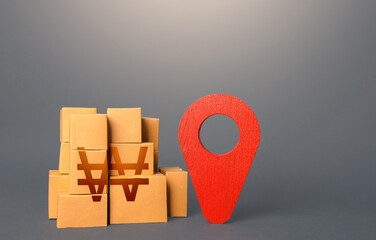 Cardboard boxes with south korean won and red pin location tracking symbol. Transportation logistics, warehouse management. Import export. Delivering. Freight infrastructure. Tracking of deliveries.
