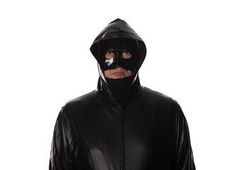 man in executioner mask isolated on white background