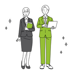 Illustrations of job hunting and full-body drawings of men and women.