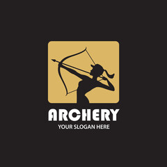 emblem of archering girl with bow and arrow isolated on black background