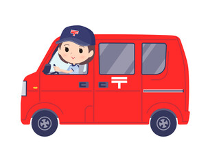 郵便車に乗った郵便配達員女性のセット