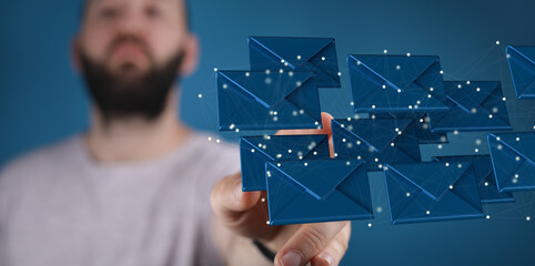 touching 3D rendering flying email icon with his fin