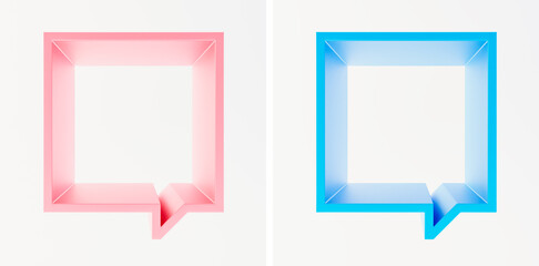 Set of scene with soft pink and cyan blue square empty frame-podium or shelf. Shapes looks like a quote bubble. Mock up design for showcase, display case, shopfront. Fresh, modern color. 3d render.