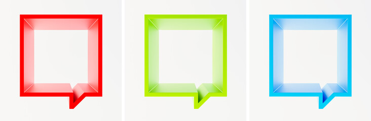 Set of scene with red, green and blue square empty frame-podium or shelf. Shapes looks like a quote bubble. Mock up design for showcase, display case, shopfront. Fresh, modern color. 3d render.