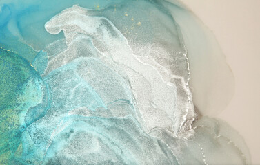 Art Abstract blue and pearl white glitter watercolor interior background. Marble texture. Alcohol ink.