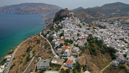 Fototapeta na wymiar Aerial drone photo of breathtaking and picturesque uphill medieval castle and main village of Skyros island with scenic views to Aegean sea, Sporades islands, Greece