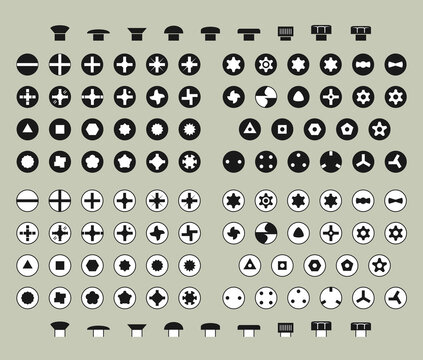 Screw Drive Types and Heads of Screws or Bolts in Glyph Style