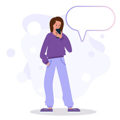 Girl with a mobile phone. Vector illustration in a flat style. Character for design.