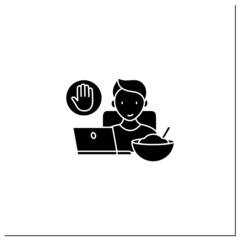Mindful eating glyph icon. Eating at desk in front of computer screen.Eat mindlessly, Unconscious nutrition at work.Healthcare concept.Filled flat sign. Isolated silhouette vector illustration