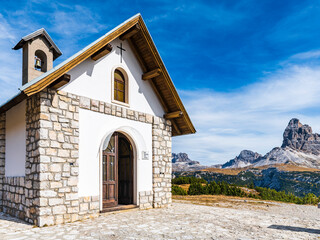 Autumn panorama on Monte Piana. View from the trenches to the three peaks of Lavaredo. Dolomites.