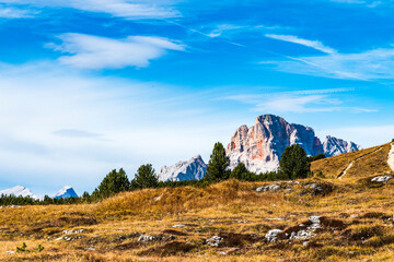 Autumn panorama on Monte Piana. View from the trenches to the three peaks of Lavaredo. Dolomites.