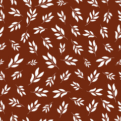 Fototapeta premium White plant leaves seamless pattern with brown background.