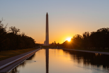 United States Washington Monument at sunset. 