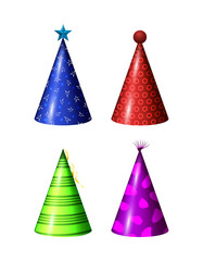 Bright festive caps with different patterns. Vector set of elements.