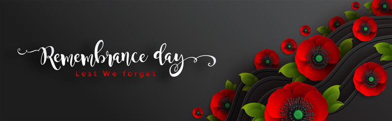 Remembrance day lest we forget. realistic red poppy flower international symbol of peace with paper cut art and craft style on color background.
 - obrazy, fototapety, plakaty