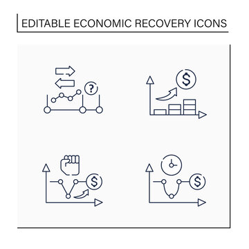 Economic recovery line icons set. U, V shaped recovery, initial expansion. Economy variations. Growth period. Business concept. Isolated vector illustration.Editable stroke