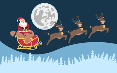 Santa on a sleigh with reindeer flies across the sky against the background of the moon. Christmas and New Year's design.