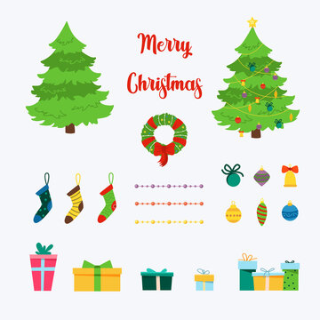 Christmas set with decorative winter items - gift boxes, garlands, socks, wreaths, Christmas trees isolated on a white background. Flat vector illustration in cartoon style.